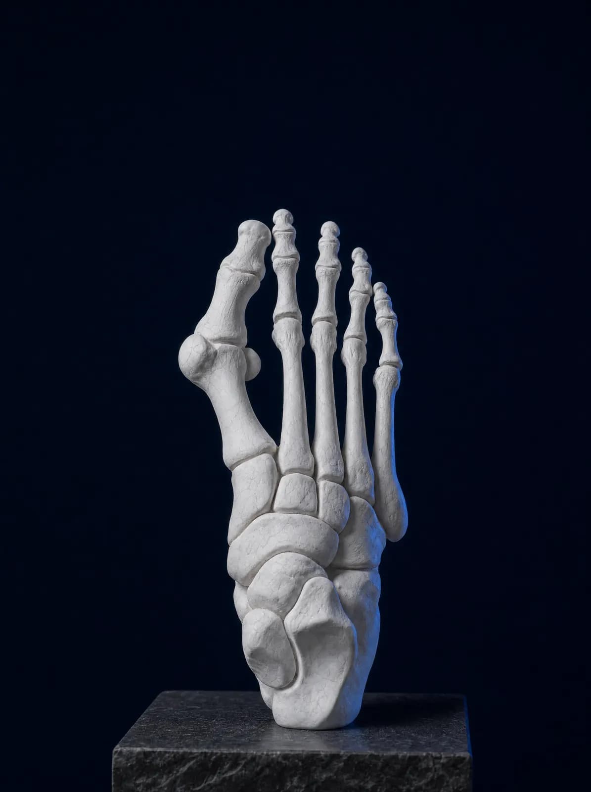 Başparmağın dışa açıldığı ve taban çıkıntısının belirginleştiği ayağı gösteren mermer anatomi etüdü