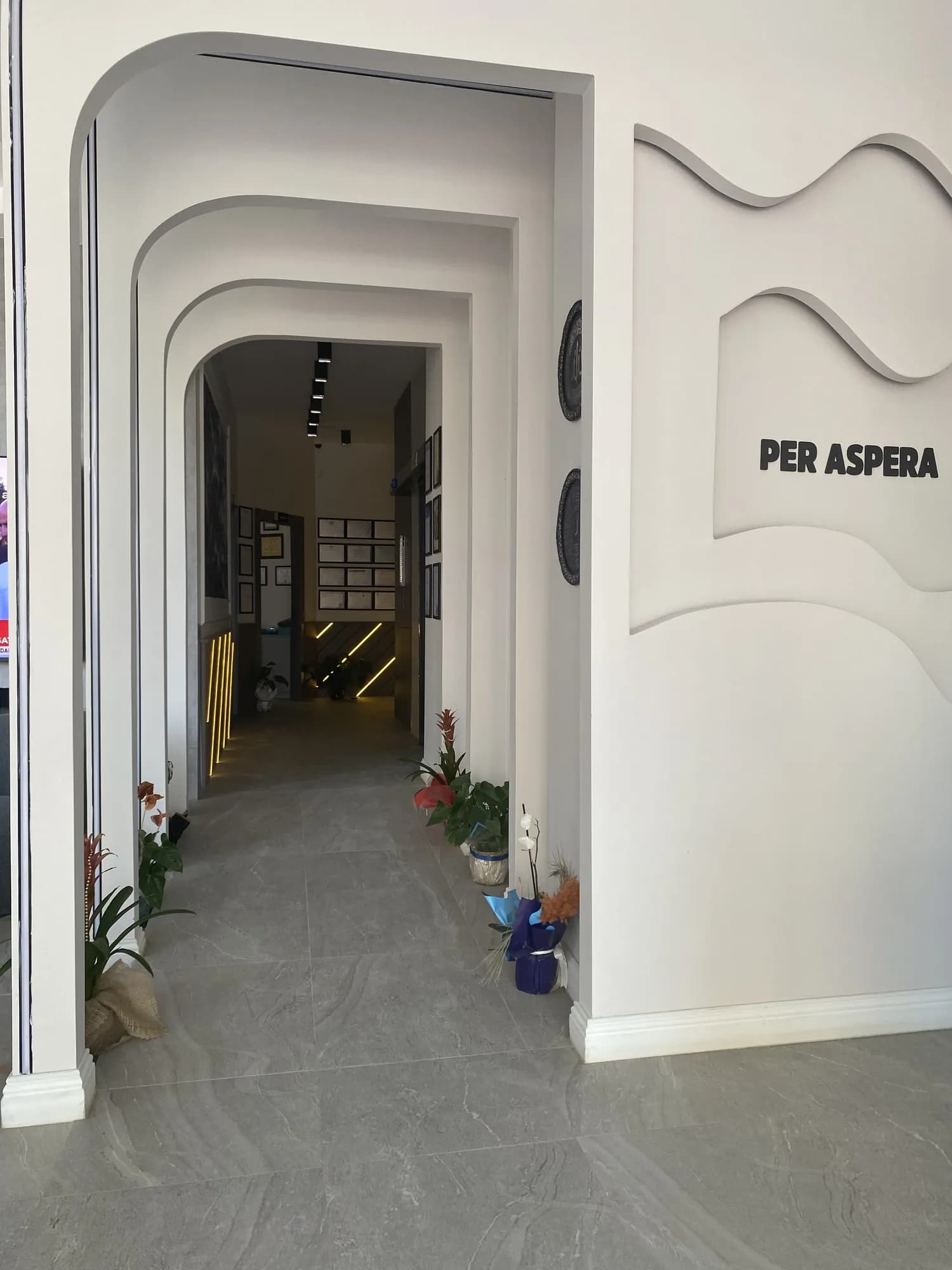 AC CLINIC koridoru ve diploma duvarına açılan kemerli geçit